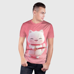 Мужская футболка 3D Slim Игрушечный белый кот с копьем - фото 2