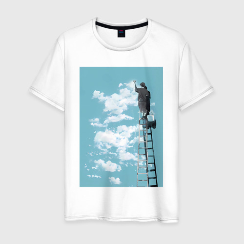 Мужская футболка из хлопка с принтом Художник рисует облака на стене, вид спереди №1