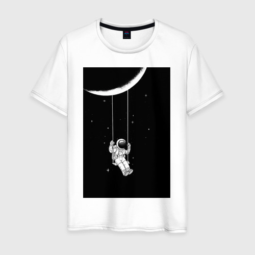 Мужская футболка из хлопка с принтом Космонавт на качелях планета, вид спереди №1