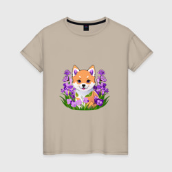 Щенок Сибу-ину среди сиреневых цветов – Женская футболка хлопок с принтом купить со скидкой в -20%