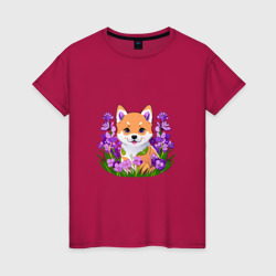Женская футболка хлопок Щенок Сибу-ину среди сиреневых цветов