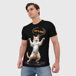 Мужская футболка 3D Радостный бело-рыжий кот предлагающий обняться - фото 2