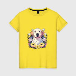 Лабрадор-ретривер среди цветов – Женская футболка хлопок с принтом купить со скидкой в -20%