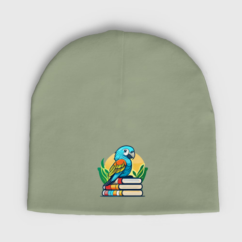 Женская шапка демисезонная Попугай на стопке книг, цвет авокадо