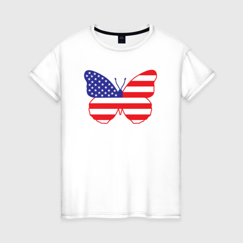 Женская футболка из хлопка с принтом Американская бабочка, вид спереди №1