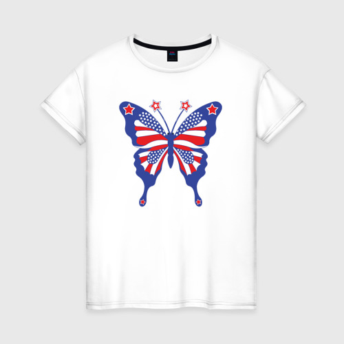 Женская футболка из хлопка с принтом USA butterfly, вид спереди №1