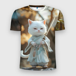 Мужская футболка 3D Slim Белый кот с мечом в азиатском стиле