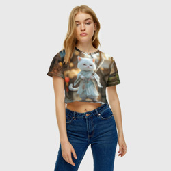 Женская футболка Crop-top 3D Белый кот с мечом в азиатском стиле - фото 2