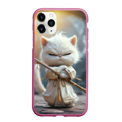 Чехол для iPhone 11 Pro Max матовый Белый кот с копьем в азиатском стиле 