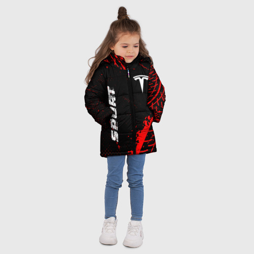 Зимняя куртка для девочек 3D с принтом Tesla red sport tires, вид сбоку #3