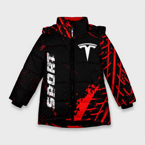 Зимняя куртка для девочек 3D с принтом Tesla red sport tires, вид спереди #2