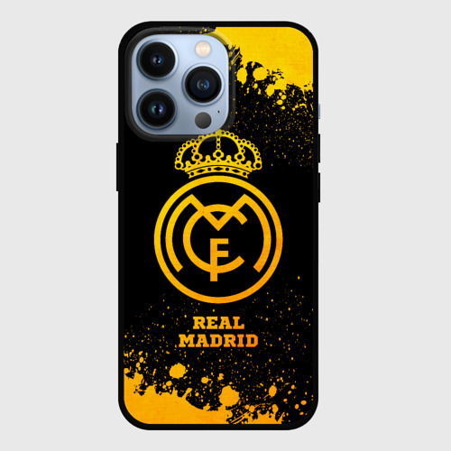 Чехол для iPhone 13 Pro с принтом Real Madrid - gold gradient, вид спереди #2