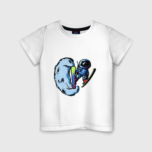 Детская футболка из хлопка с принтом Прыжок космонавта на лыжах с Месяца, вид спереди №1