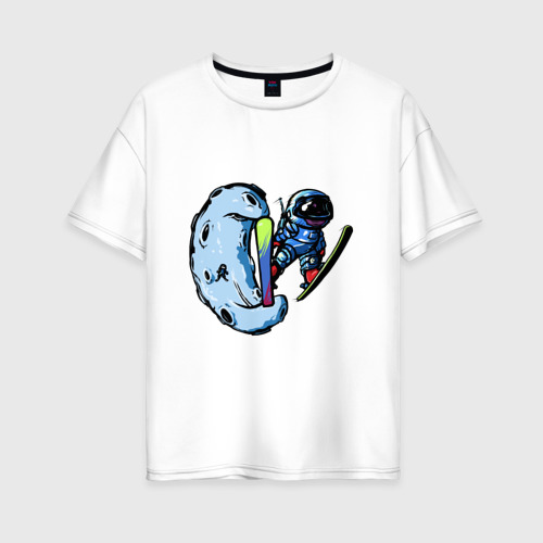 Женская футболка из хлопка оверсайз с принтом Прыжок космонавта на лыжах с Месяца, вид спереди №1