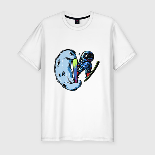 Мужская приталенная футболка из хлопка с принтом Прыжок космонавта на лыжах с Месяца, вид спереди №1
