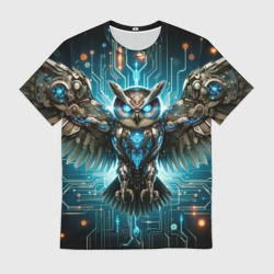 Мужская футболка 3D Величественная кибернетическая сова на фоне футуристических неоновых схем