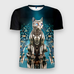Мужская футболка 3D Slim Кибер кот сидит на печатной плате