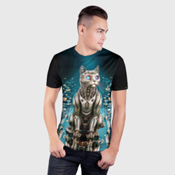 Мужская футболка 3D Slim Кибер кот сидит на печатной плате - фото 2