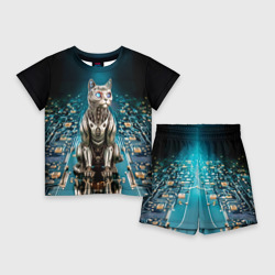 Кибер кот сидит на печатной плате – Детский костюм с шортами 3D с принтом купить