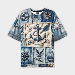 Мужская футболка oversize 3D Пэчворк с якорем - джинсовка моряка 