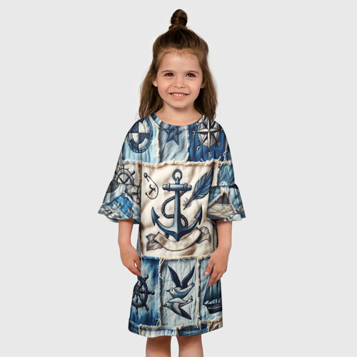 Детское платье 3D Пэчворк с якорем - джинсовка моряка , цвет 3D печать - фото 4