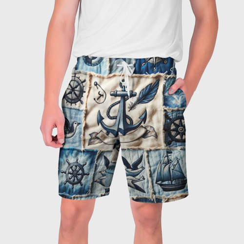 Мужские шорты 3D Пэчворк с якорем - джинсовка моряка , цвет 3D печать