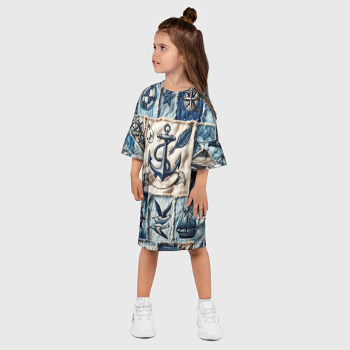 Детское платье 3D Пэчворк с якорем - джинсовка моряка , цвет 3D печать - фото 3