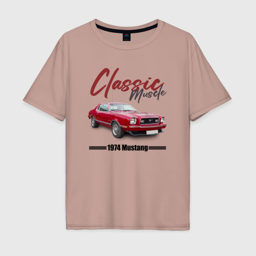 Мужская футболка хлопок Oversize с принтом Американский маслкар Ford Mustang 1974 года, вид спереди #2