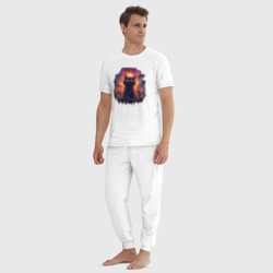 Пижама с принтом Котёнокзилла для мужчины, вид на модели спереди №3. Цвет основы: белый
