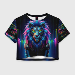 Женская футболка Crop-top 3D Неоновый лев в стиле киберпанк