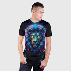 Мужская футболка 3D Slim Неоновый лев в стиле киберпанк - фото 2