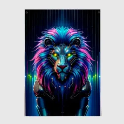 Постер Неоновый лев в стиле киберпанк