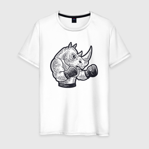 Мужская футболка из хлопка с принтом Носорог боксёр, вид спереди №1