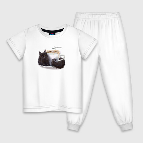 Детская пижама из хлопка с принтом Мейн кун и чашка кофе, вид спереди №1