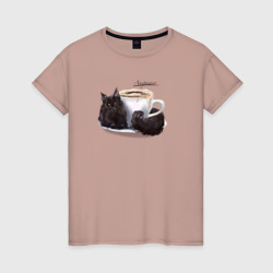 Мейн кун и чашка кофе – Женская футболка хлопок с принтом купить со скидкой в -20%