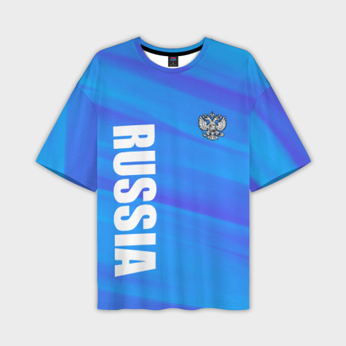 Мужская футболка оверсайз с принтом Россия - синие волны, вид спереди №1