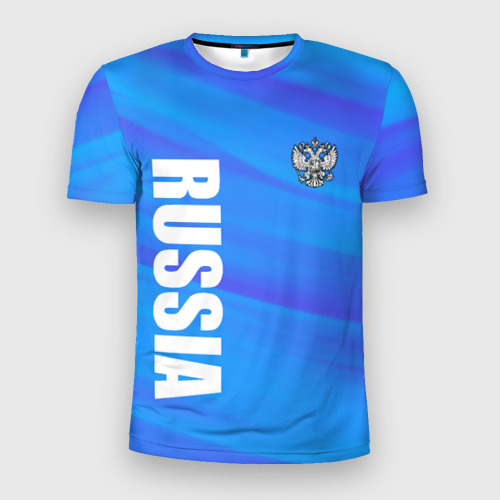 Мужская приталенная футболка с принтом Россия - синие волны, вид спереди №1