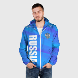 Ветровка с принтом Россия - синие волны для мужчины, вид на модели спереди №2. Цвет основы: белый