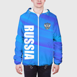 Куртка с принтом Россия - синие волны для мужчины, вид на модели спереди №3. Цвет основы: белый