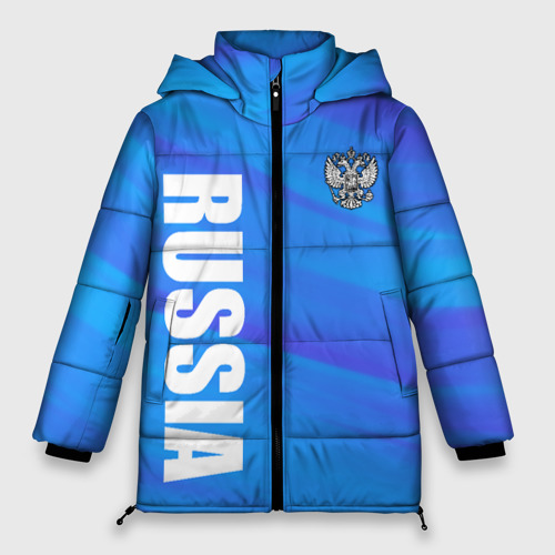 Женская зимняя куртка оверсайз с принтом Россия - синие волны, вид спереди №1