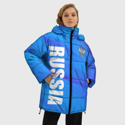 Куртка с принтом Россия - синие волны для женщины, вид на модели спереди №2. Цвет основы: черный