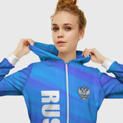 Толстовка с принтом Россия - синие волны для женщины, вид на модели спереди №3. Цвет основы: белый