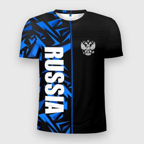 Мужская приталенная футболка с принтом Россия - синяя абстракция, вид спереди №1