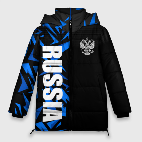 Женская зимняя куртка оверсайз с принтом Россия - синяя абстракция, вид спереди №1
