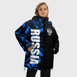 Куртка с принтом Россия - синяя абстракция для женщины, вид на модели спереди №2. Цвет основы: черный