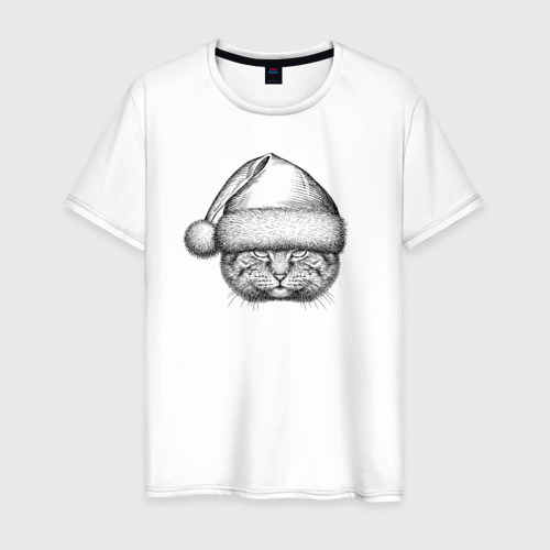 Мужская футболка из хлопка с принтом Суровый новогодний кот, вид спереди №1