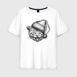 Мужская футболка хлопок Oversize Новогодний котенок в колпаке