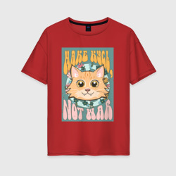 Женская футболка хлопок Oversize Винтажный рыжий кот пацифист