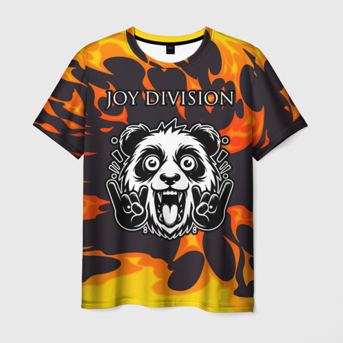 Мужская футболка с принтом Joy Division рок панда и огонь, вид спереди №1