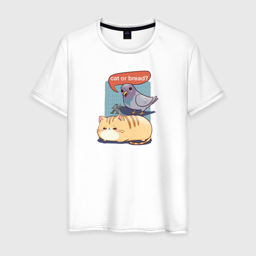Мужская футболка из хлопка с принтом Кот-хлеб и голубь, вид спереди №1